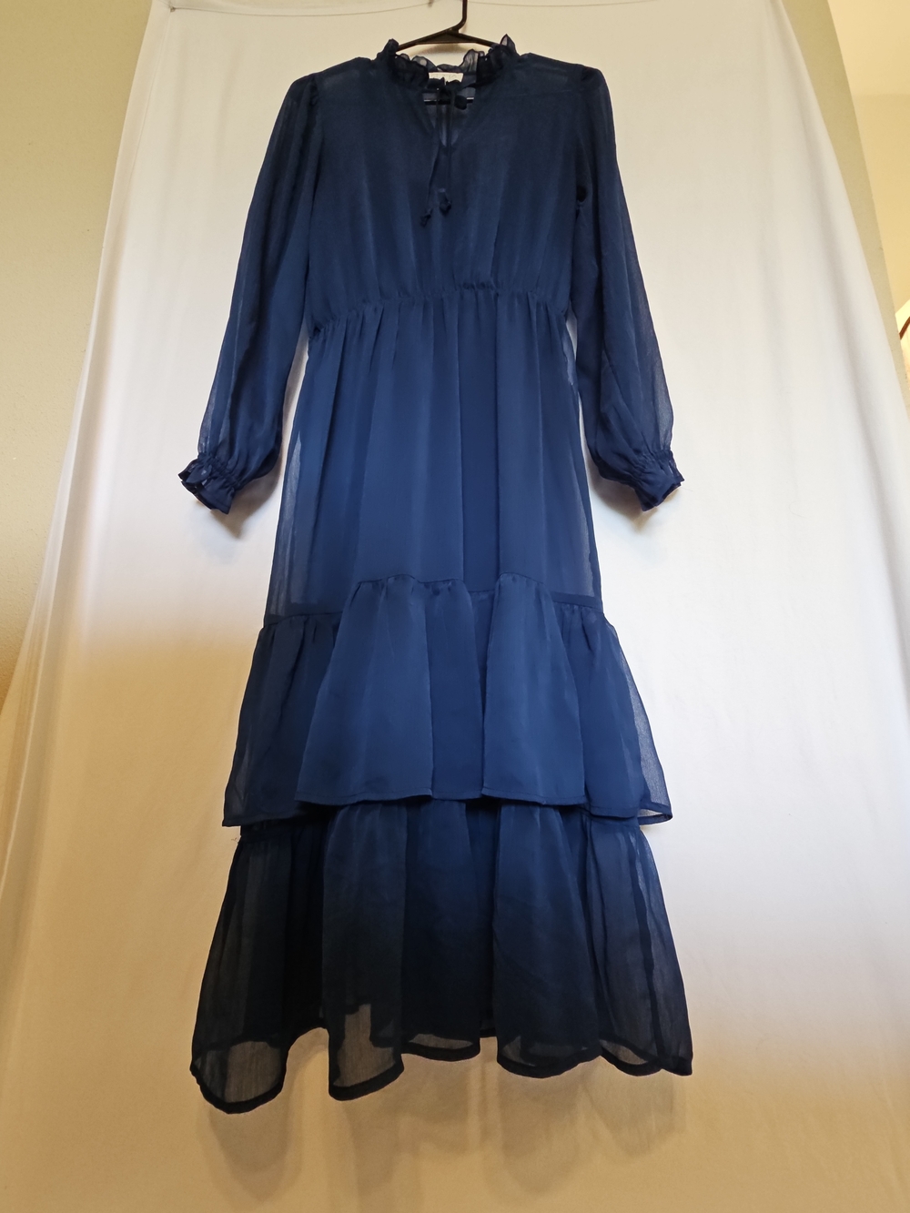 Navy Blue Sheer Tiered Midi DressSize: Small - Picture 2 of 9